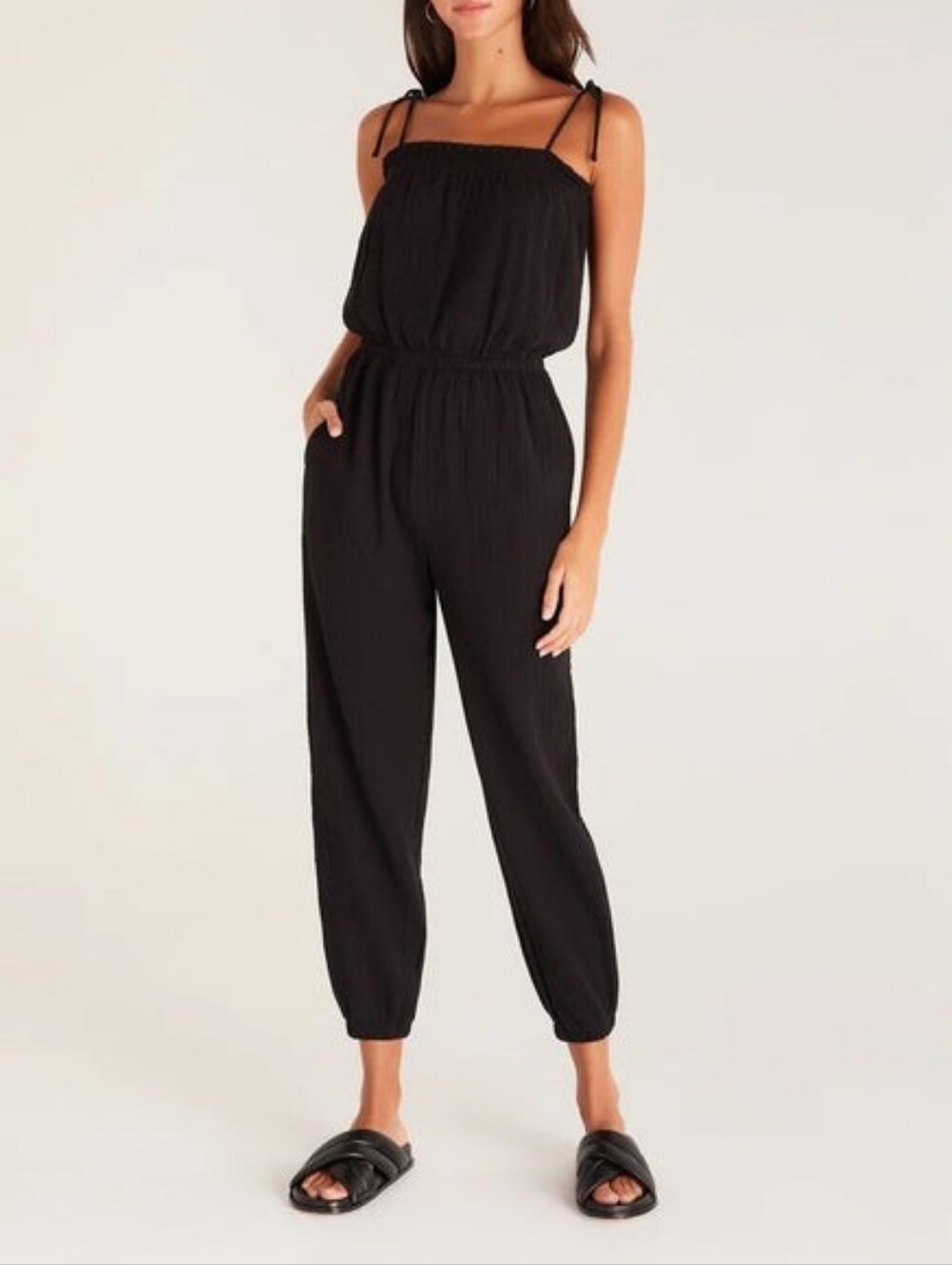 Z Supply Kiara Gauze Black Tie Shoulder Small Jumpsuit Cotton Pockets